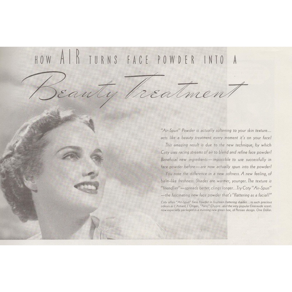 Vintage 1938 Coty Air-Spun Face Powder Print Ad Beauty Cosmetic Art Deco Vanity